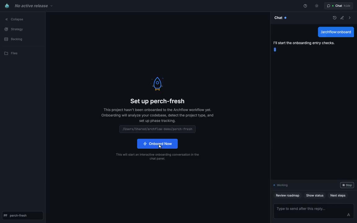 Archflow Studio open on a project that has not been onboarded, showing an Onboard Now button and
the chat panel beginning the onboarding checks